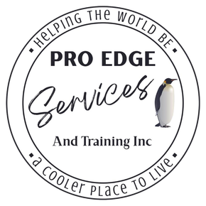 Logo for Pro Edge Services And Training Inc featuring the text in a circular frame with a penguin illustration.