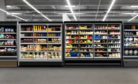 Several tall, modern black commercial refrigerators in a grocery store aisle, fully stocked with various packaged items.