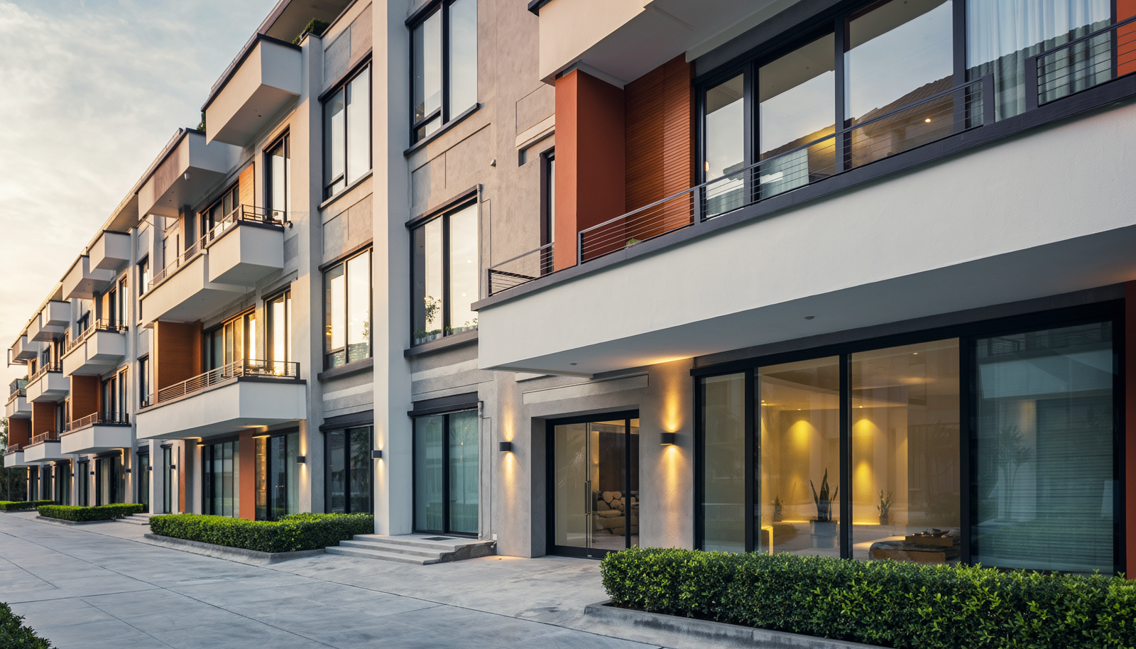 Modern multi-story building with balconies, large windows, and manicured hedges.
