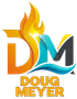 Doug Meyer logo with orange, yellow, teal, and gray letters topped by a flame