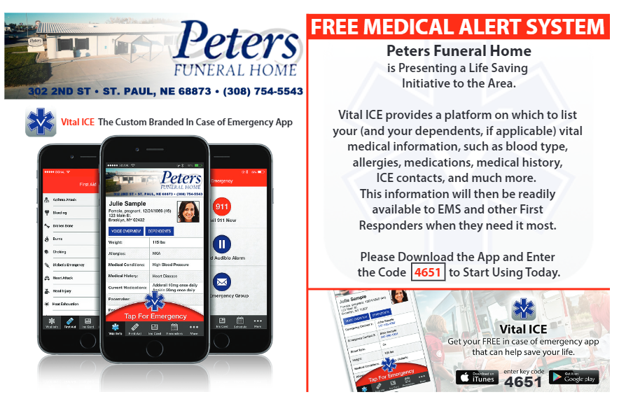 a flyer for peters funeral home with a free medical alert system .