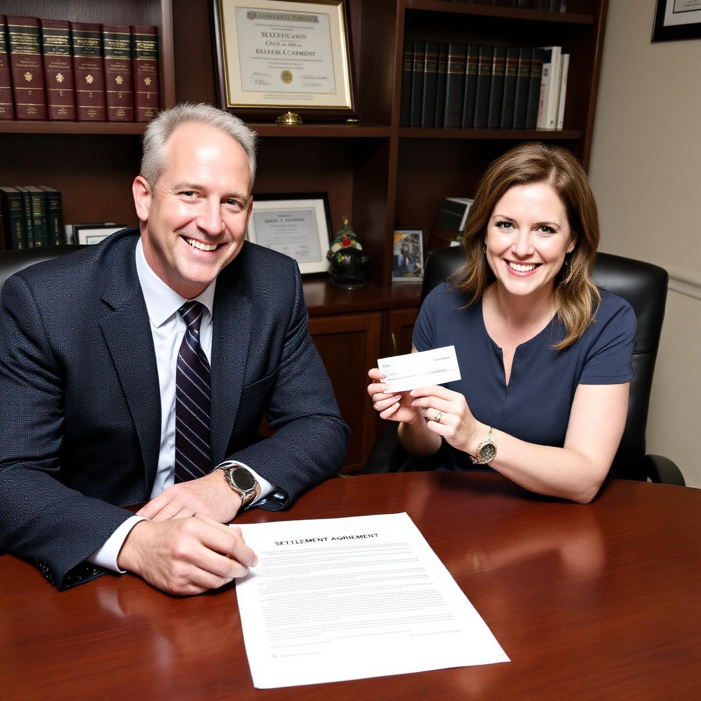 Two people smiling, sitting at a desk, bookshelves in background. Woman holding business check, man holding paper.