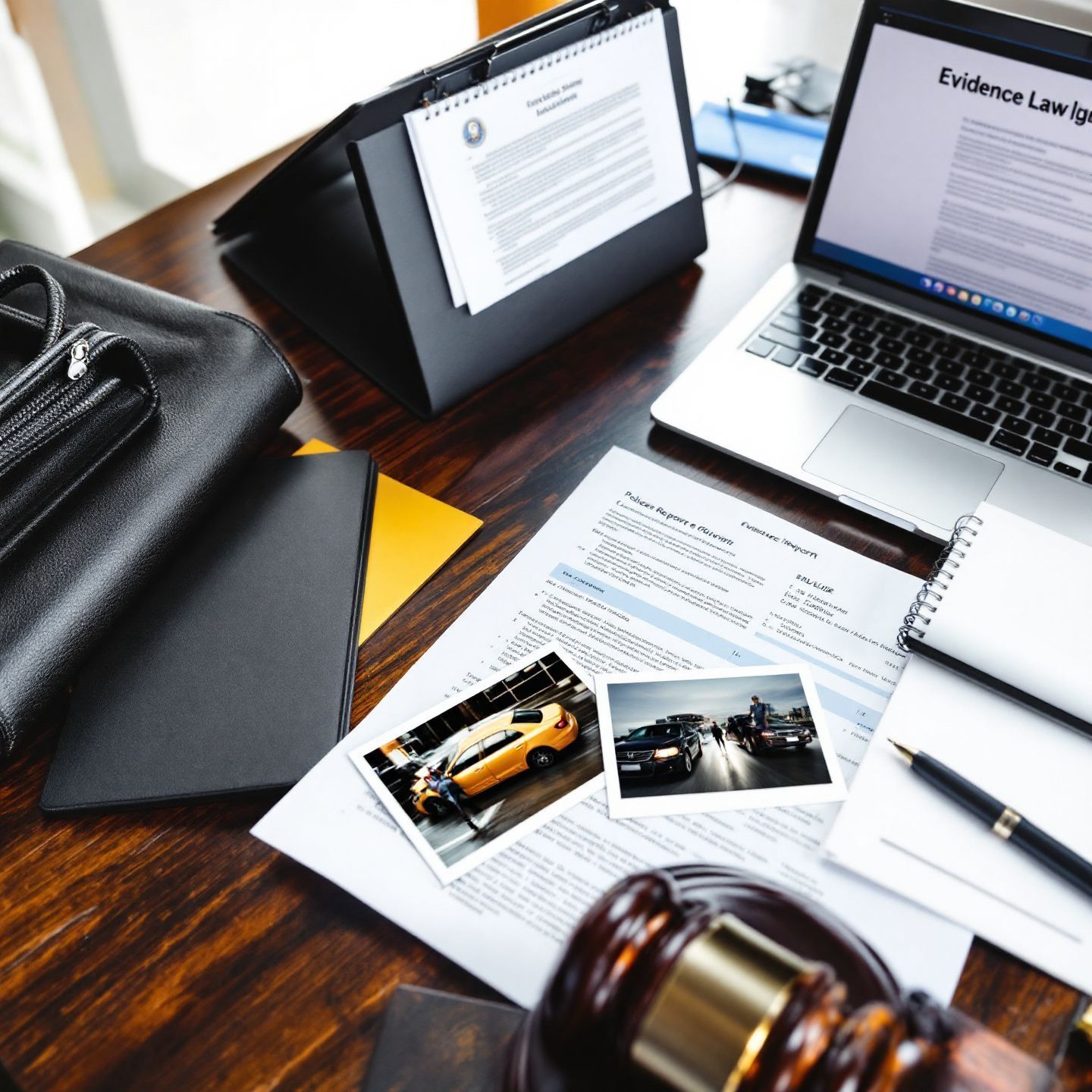 Desk with documents, photos, laptop displaying