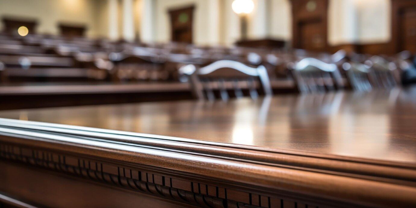 Close-up of a polished wooden table in a large room with rows of chairs, possibly a courtroom or legislative chamber.