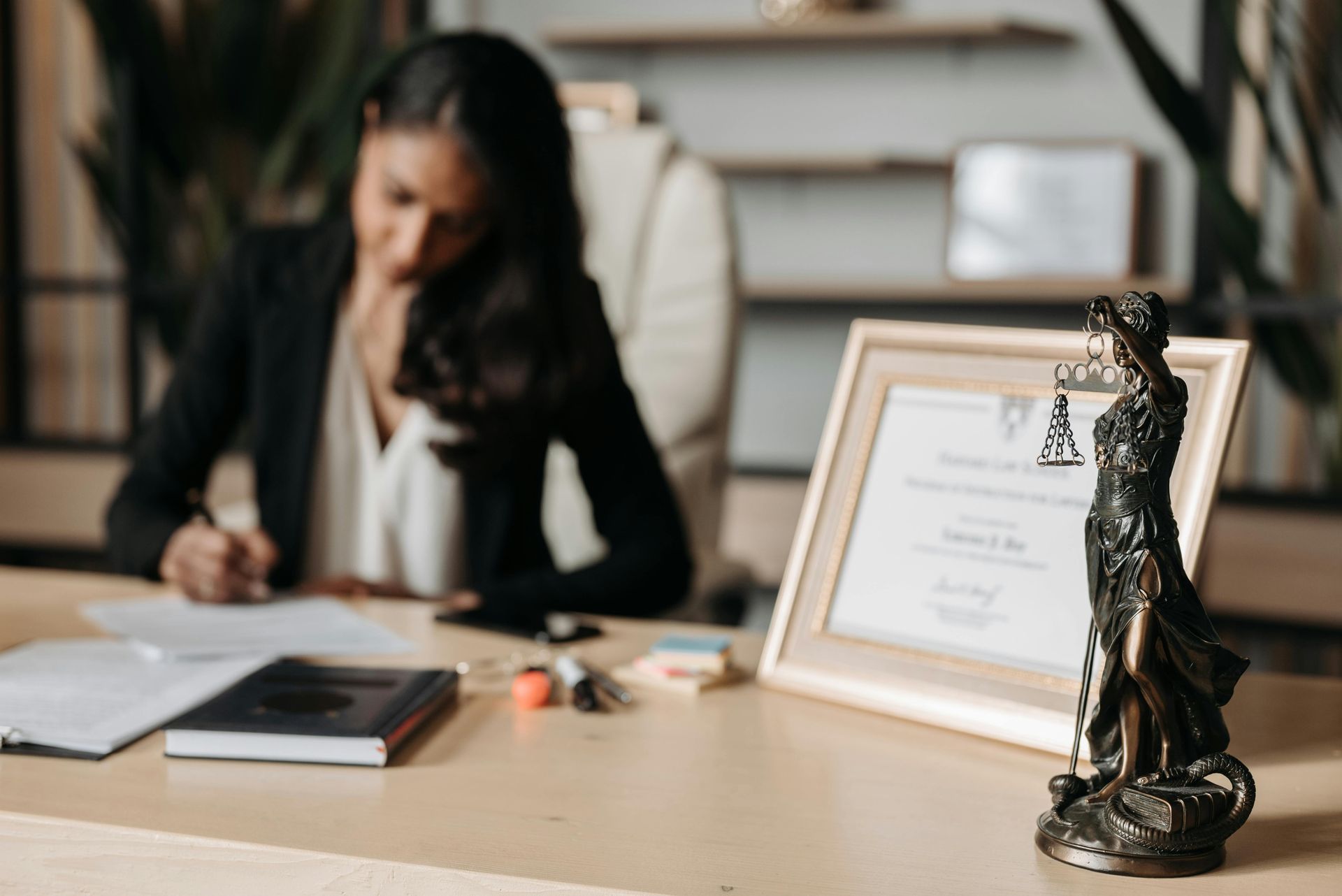 Woman in a blazer writing at a desk, statue of Lady Justice and framed certificate in the foreground.
