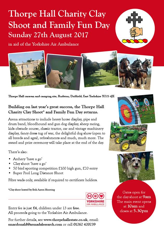 Thorpe Hall Charity Clay Shoot and Family Fun Day event poster. Includes photos, event details, and date: August 27, 2017.