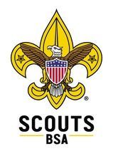 The logo for Scouts BSA featuring a yellow fleur-de-lis emblem with an eagle and a U.S. shield, above the text 