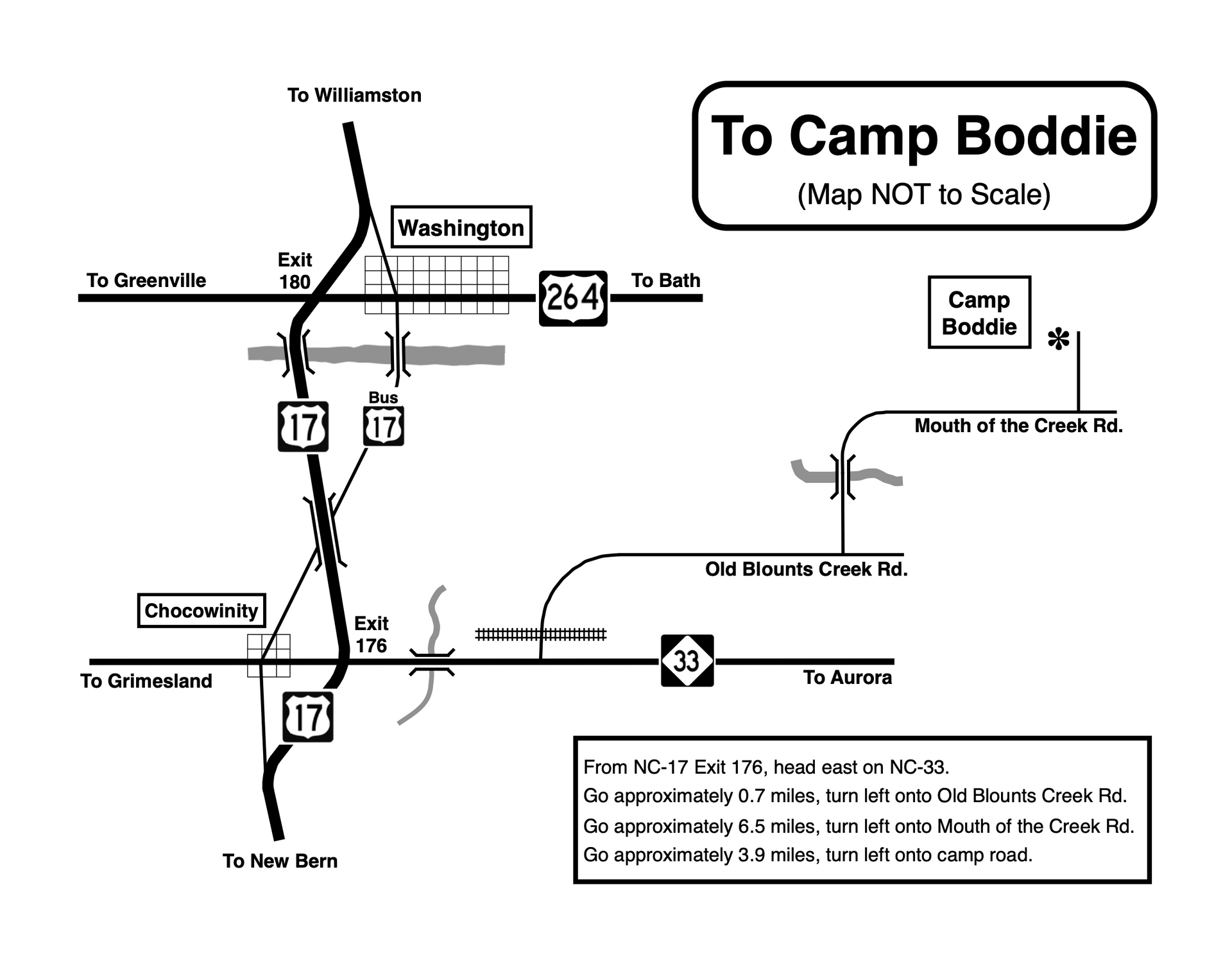 Map showing directions to Camp Boddie via US-17 and NC-33, including turn-by-turn text instructions.