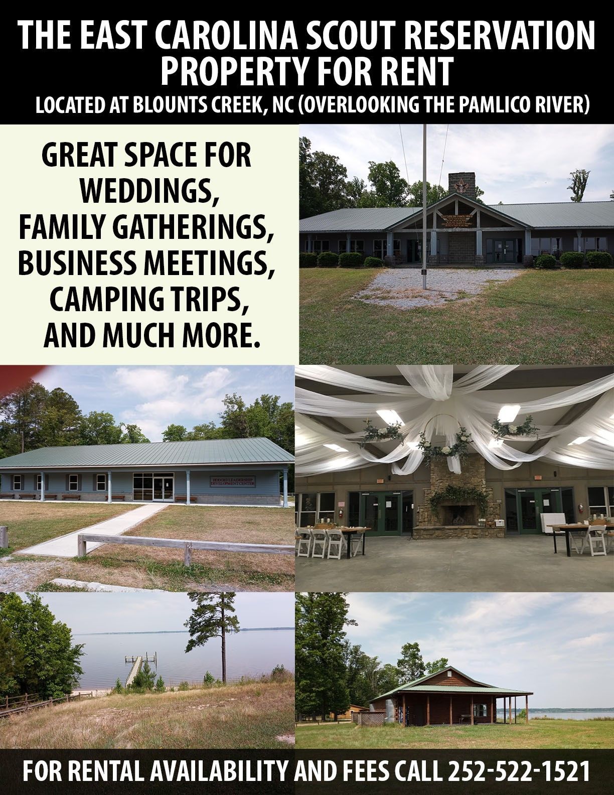 A flyer for East Carolina Scout Reservation in Blounts Creek, NC, showing event facilities and waterfront views.