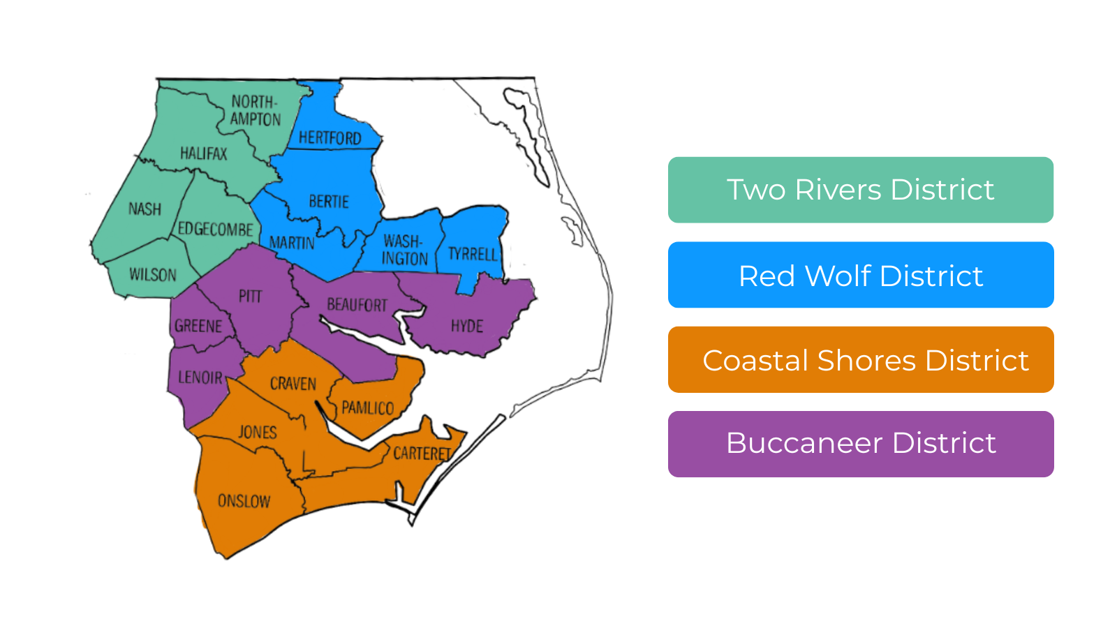 A map of North Carolina showing four color-coded administrative districts: Two Rivers, Red Wolf, Coastal, and Buccaneer.