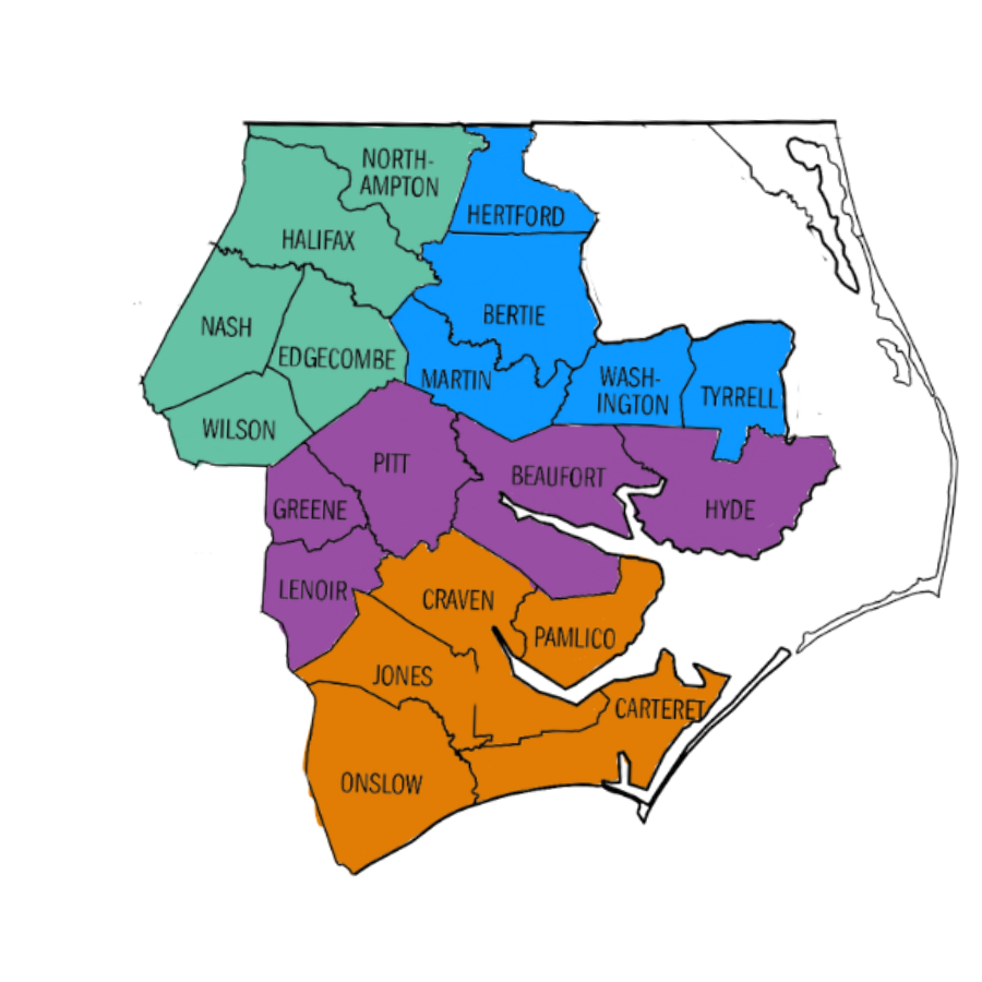 A map of North Carolina showing four color-coded administrative districts: Two Rivers, Red Wolf, Coastal, and Buccaneer.