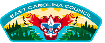 East Carolina Council Boy Scouts of America emblem featuring a red eagle, two lighthouses, and a forest scene.