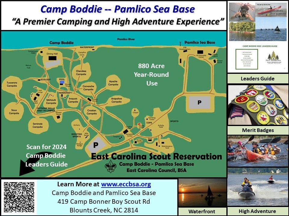Map and informational flyer for Camp Boddie and Pamlico Sea Base at the East Carolina Scout Reservation in North Carolina.