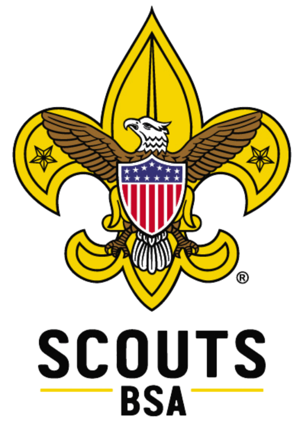 The logo for Scouts BSA featuring a yellow fleur-de-lis emblem with an eagle and a U.S. shield, above the text 