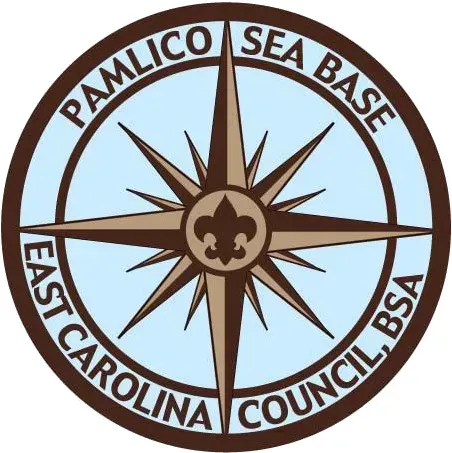A circular logo for the Pamlico Sea Base, East Carolina Council, BSA, featuring a compass rose and a Scout fleur-de-lis.
