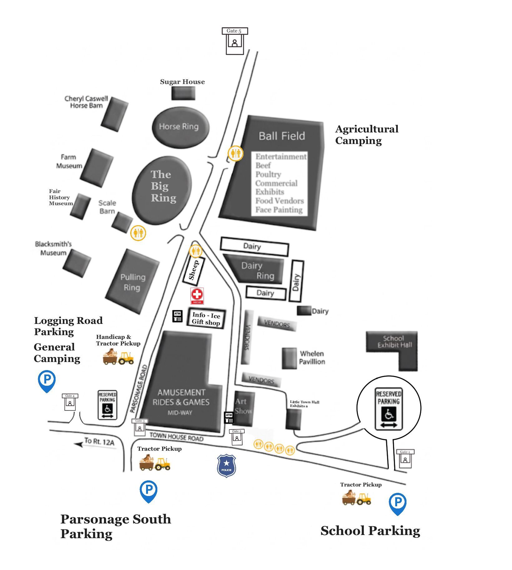 Map of a school campus with labeled buildings, roads, parking, and the football field