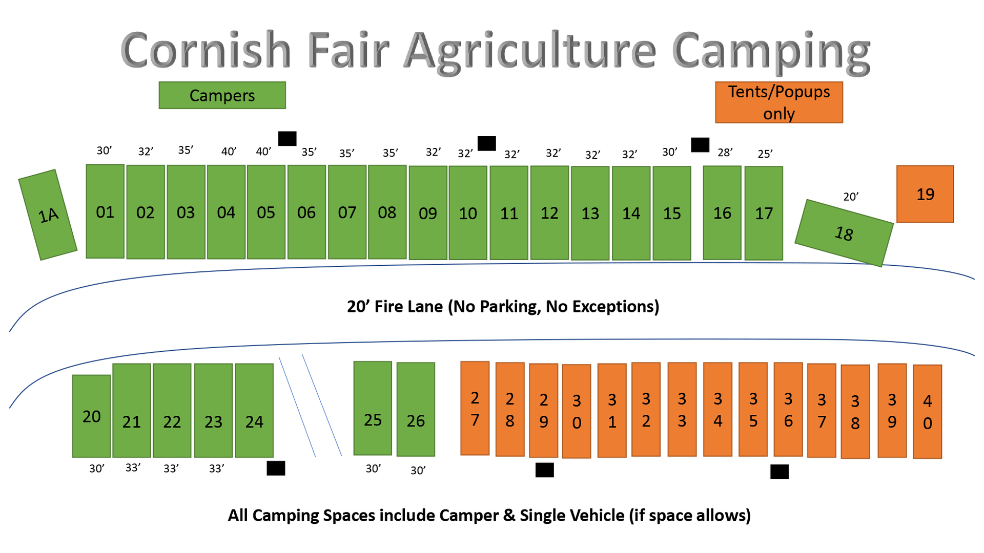 Cornish Fair Agriculture Camping site map with numbered green and orange plots and road layout