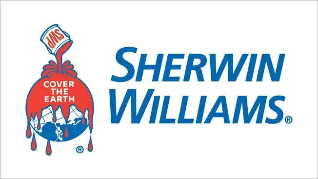 Sherwin-Williams logo with blue text and a red paint bucket dripping over a globe