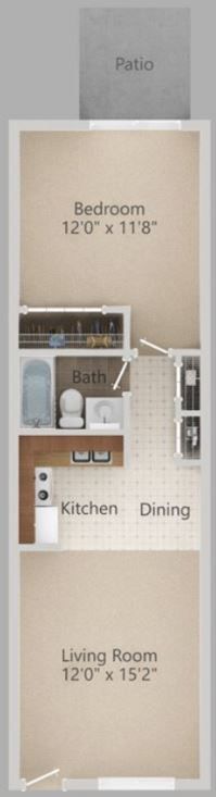 Floor plan of a narrow apartment with patio, bedroom, kitchen, dining, and living room.