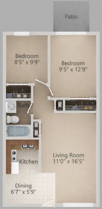 Floor plan of an apartment with a patio, two bedrooms, a bathroom, kitchen, dining area, and living room.