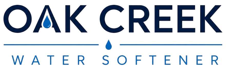 Oak Creek Water Softener Logo with Blue Water Droplet Lettermark, Minimal Line Graphic, and Company Name in Oak Creek, WI