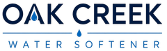 Oak Creek Water Softener Logo with Blue Water Droplet Lettermark, Minimal Line Graphic, and Company Name in Oak Creek, WI