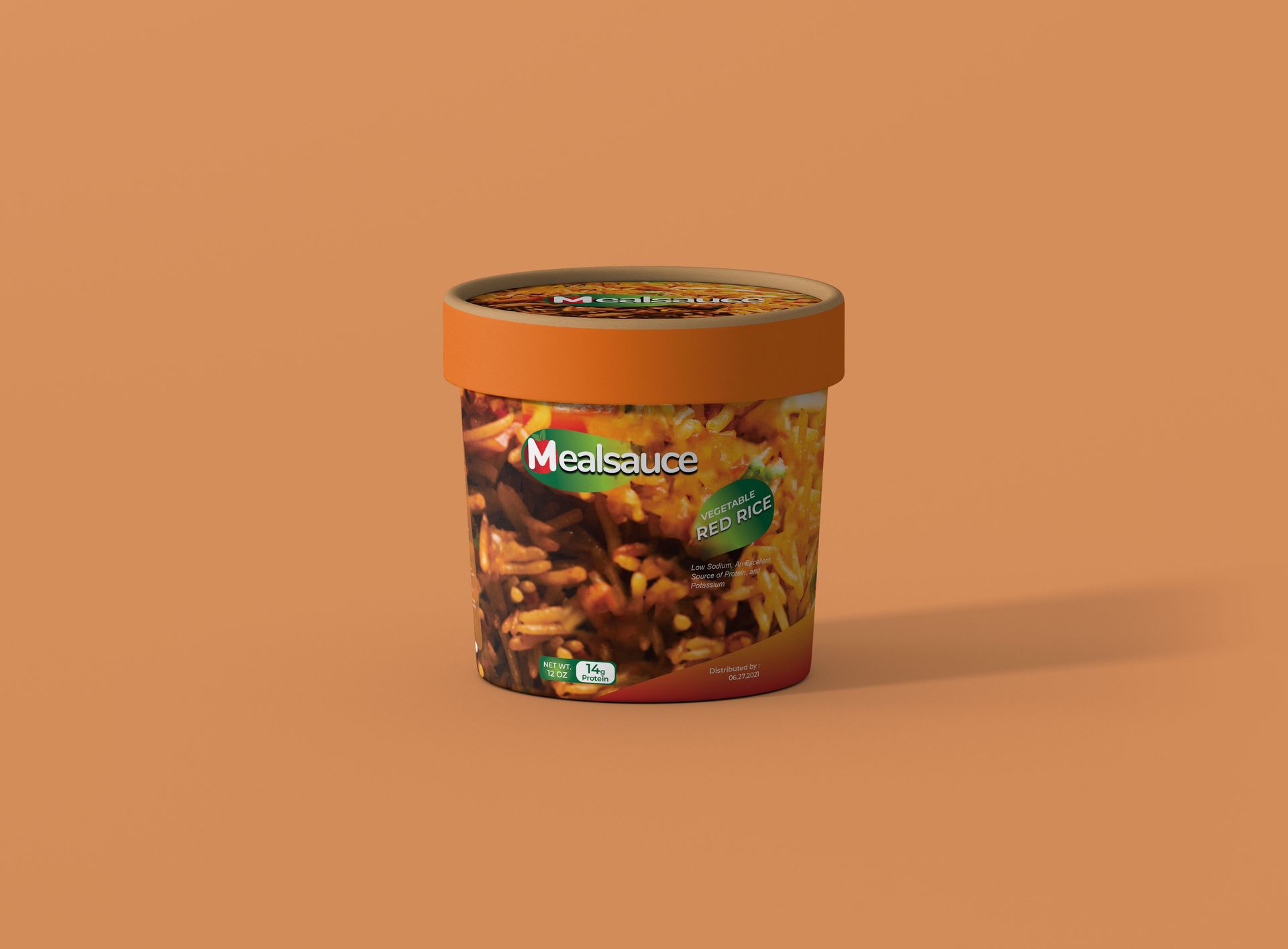 A cup of food is sitting on a table on a brown background.