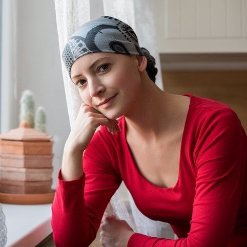 woman wearing chemotherapy headwear