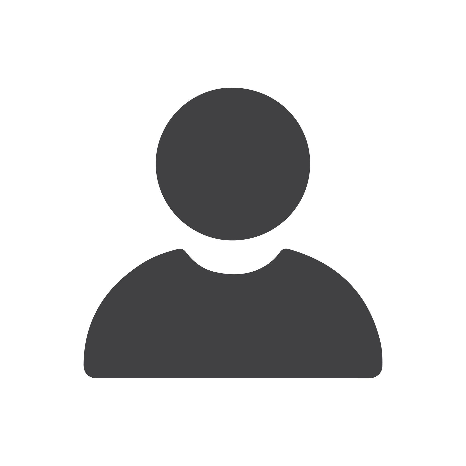 A dark gray icon of a human silhouette featuring a circular head above a rounded torso.