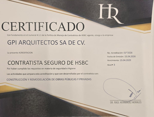 Certificado para GPI Arquitectos de CV y Contratista Seguro de HEB, blanco con detalles en negro y dorado.