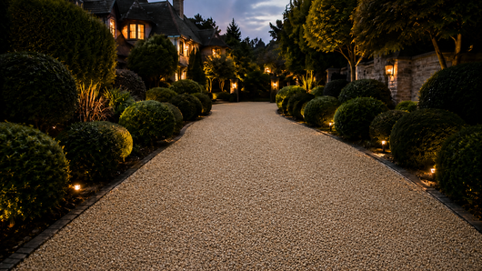 Symmetrical gravel garden path at dusk, lined with trimmed shrubs and warm garden lights, leading to a house