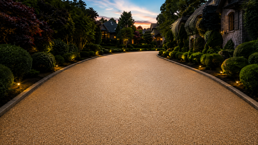 Curving gravel driveway at dusk, lined with manicured shrubs and glowing garden lights.