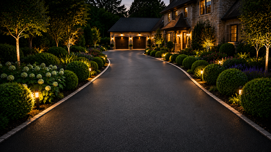 Curved driveway leading to a warmly lit stone house at dusk, with landscaped shrubs and trees on both sides