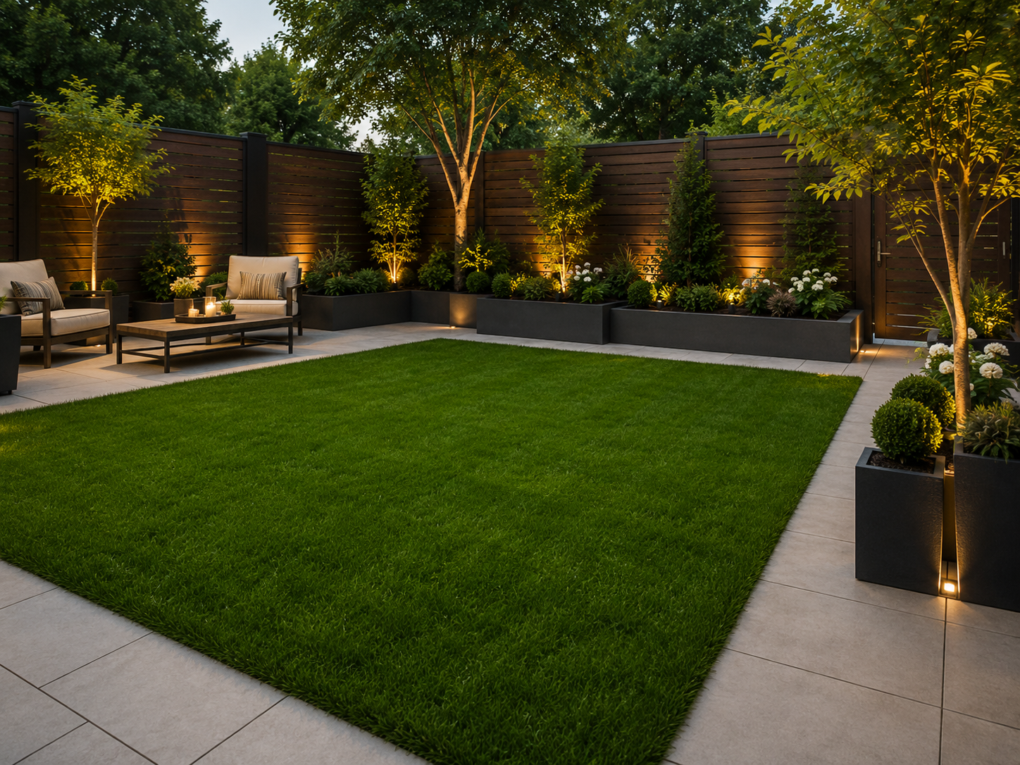 Modern backyard patio with a central green lawn, seating area, and warm landscape lighting at dusk