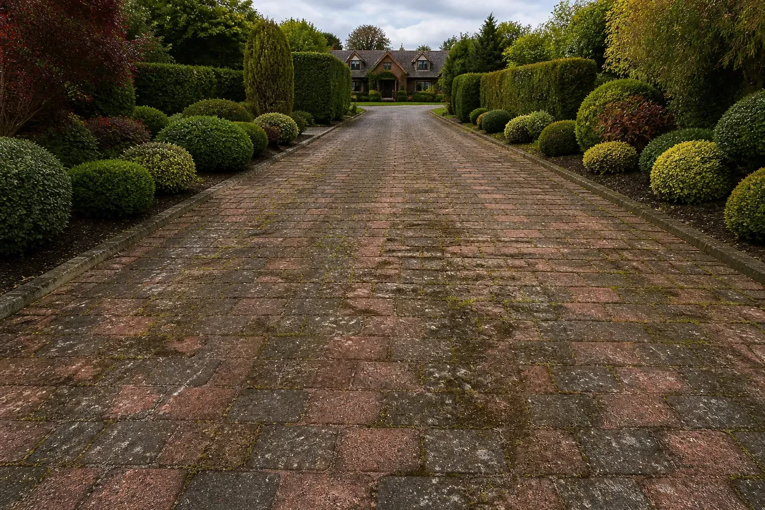 A long brick driveway lined with manicured shrubs leading to a house in the distance