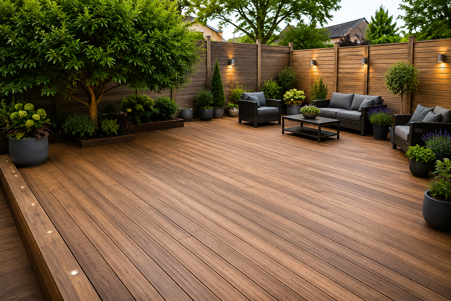 Wooden backyard deck with black patio furniture, potted plants, and warm evening lighting