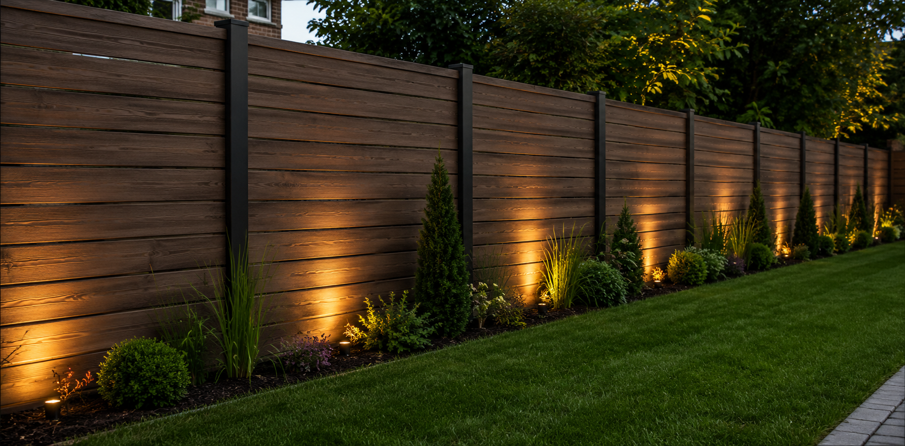 Wooden fence lit by warm ground lights along a landscaped lawn at dusk