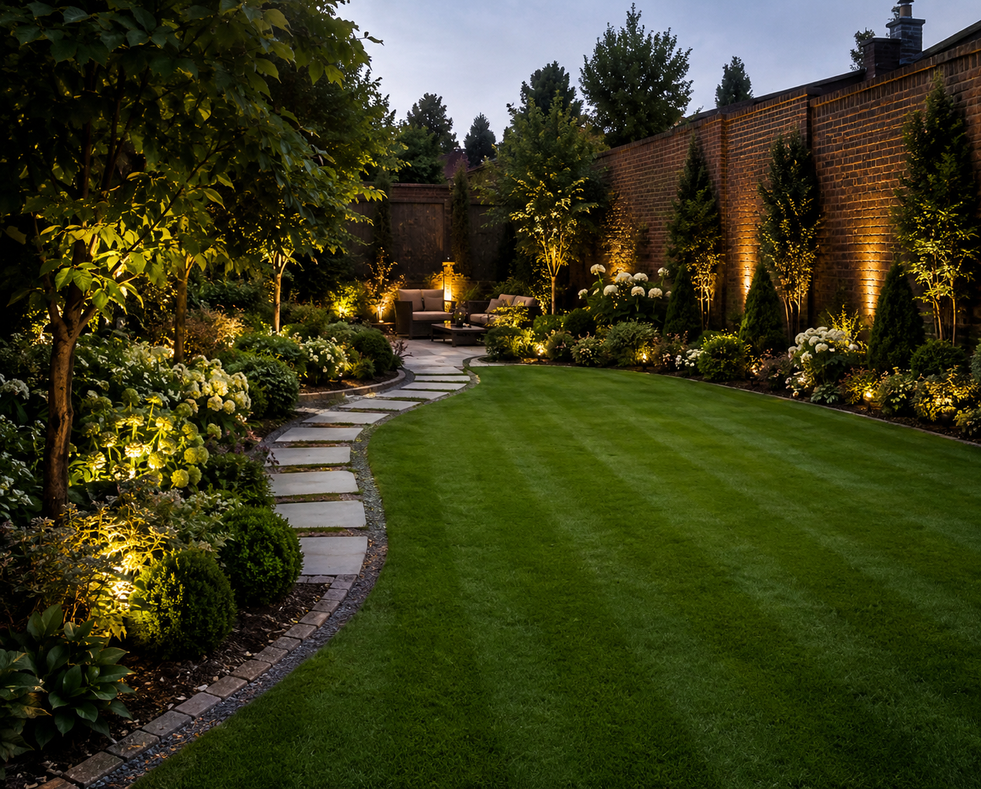 Illuminated landscaped garden with stone path, manicured lawn, and brick walls at dusk