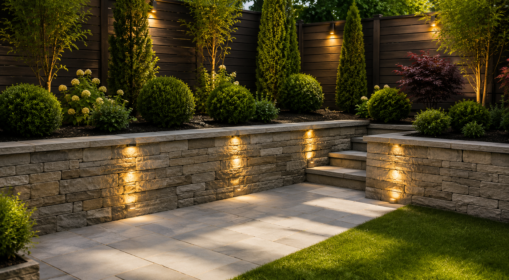 Lit stone garden wall with built-in lights, surrounded by lush greenery and a paved patio at dusk