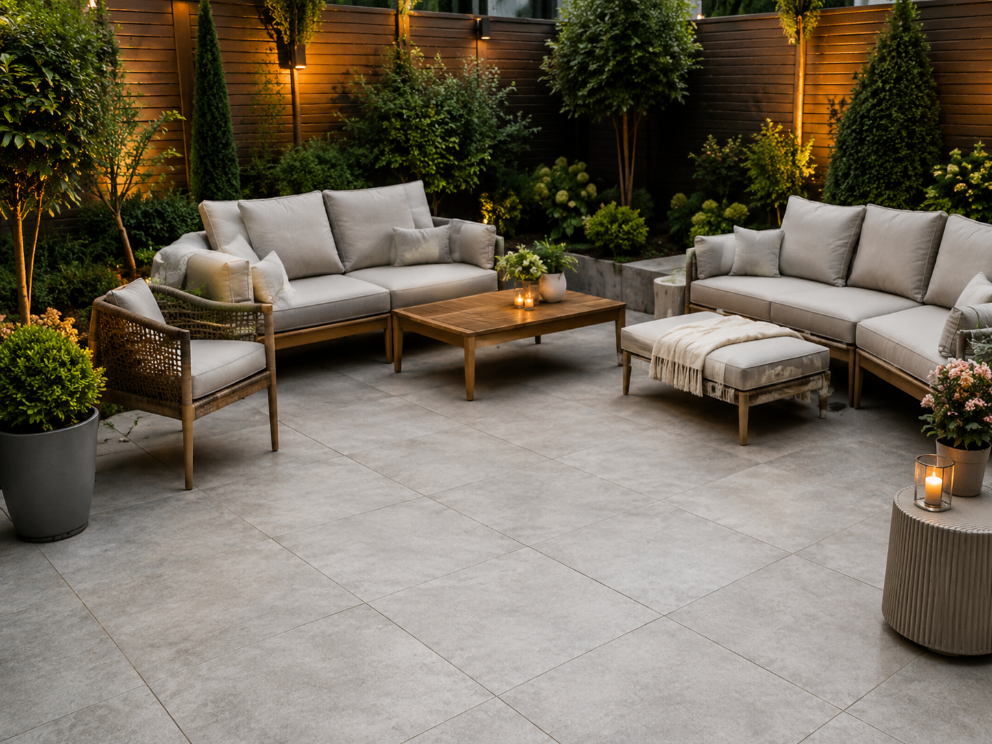 Cozy outdoor patio with beige sectional sofas, woven chairs, lanterns, and warm ambient lighting at night
