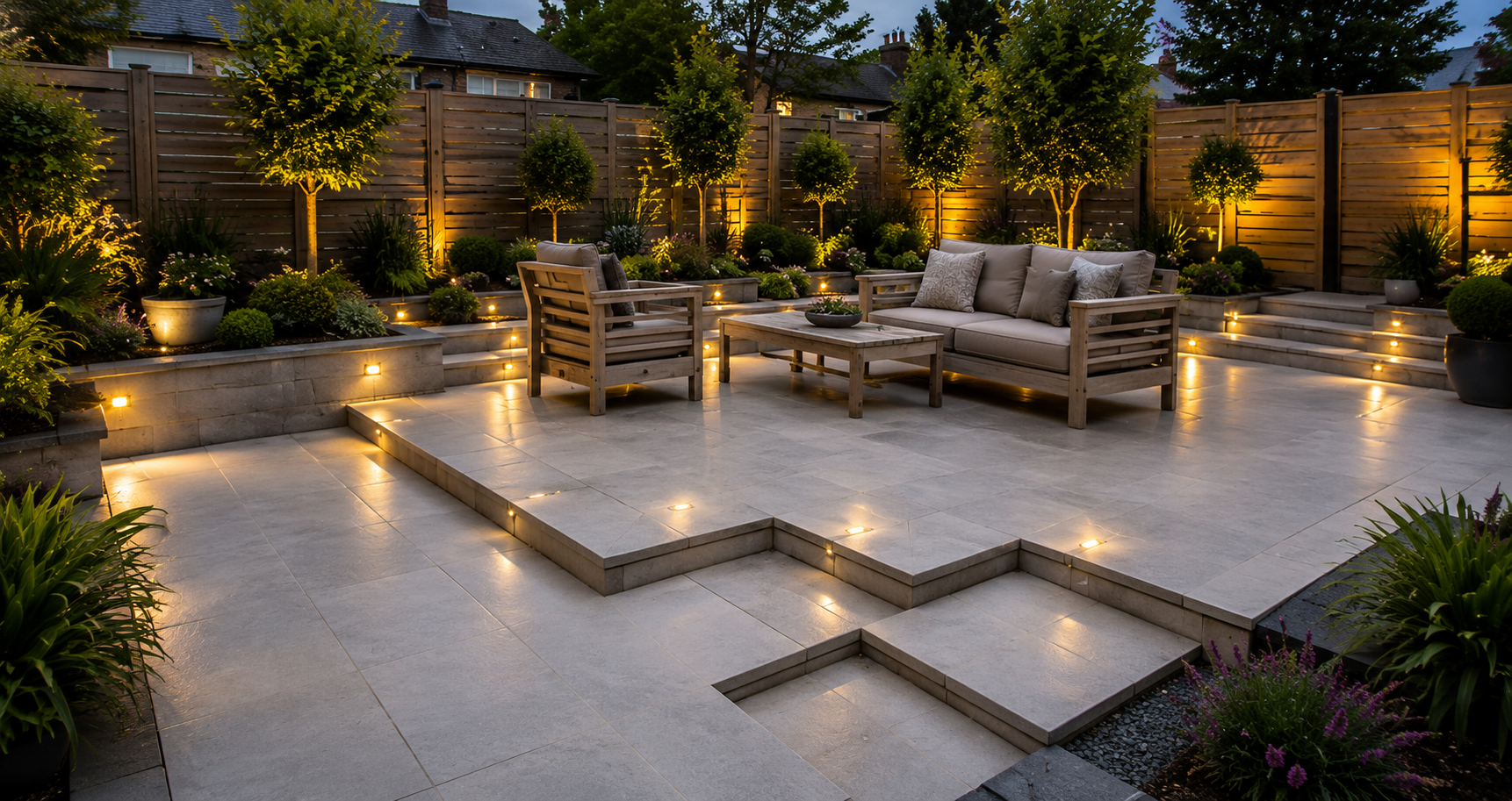 Modern stone patio at dusk with sectional seating, warm accent lighting, and potted plants