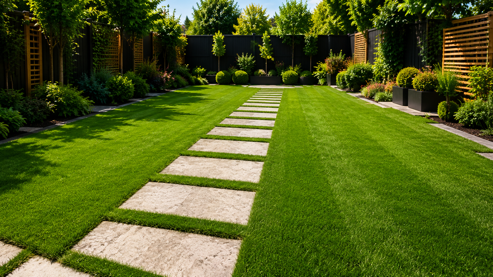 Lush green garden with a stepping-stone path leading through trimmed hedges and wooden fences