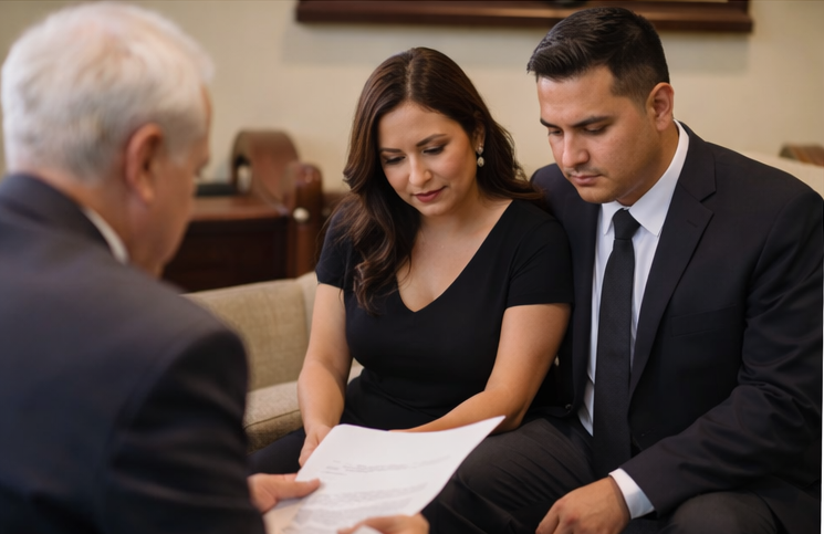 Couple reviewing documents with an advisor in a professional setting.