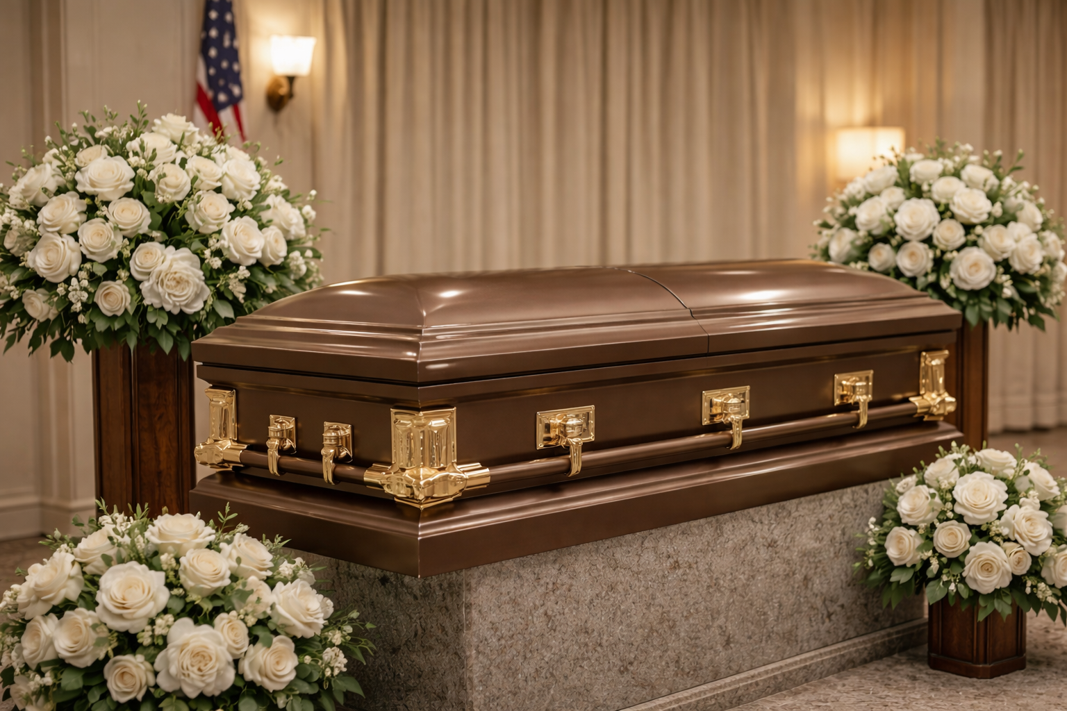 Brown casket on a stone platform, surrounded by white flower arrangements in a funeral home.