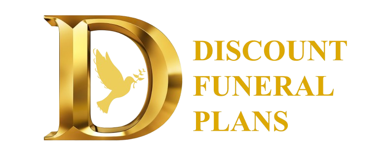 Golden "D" logo with dove, text: Discount Funeral Plans.