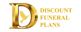Golden "D" logo with dove, text: Discount Funeral Plans.