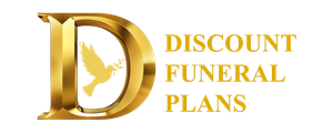 Golden "D" logo with dove, text: Discount Funeral Plans.