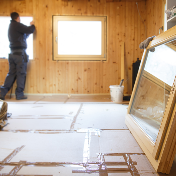 A man is installing a window in a wooden room