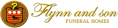 Logo for Flynn and Son Funeral Homes. The logo is gold with a crest and name in script.
