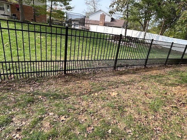 A black metal fence surrounds a lush green field.